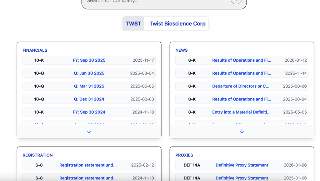 Filings browser interface