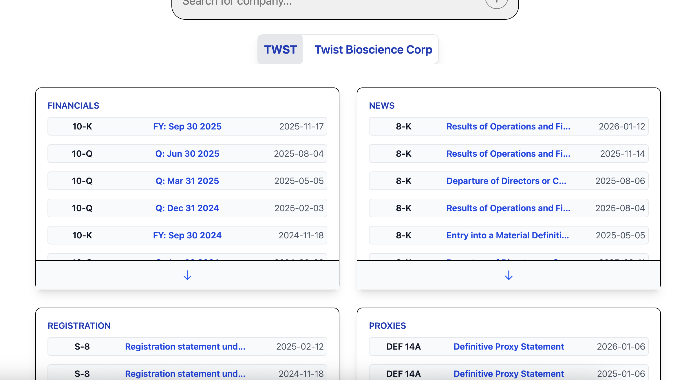 Filings browser interface